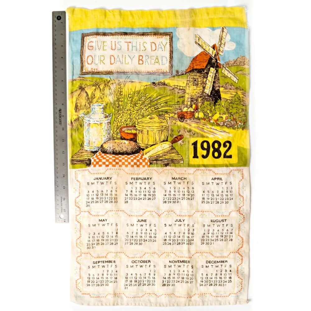 Vintage 1982 Cotton Fabric Kitchen Tea Towel Wall Calendar 25x15" - Daily Bread